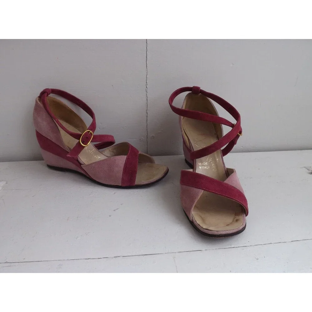 Bandolinos Two Tone Wedge Shoes Strappy Suede Pink Vintage 5 M 6 Narrow